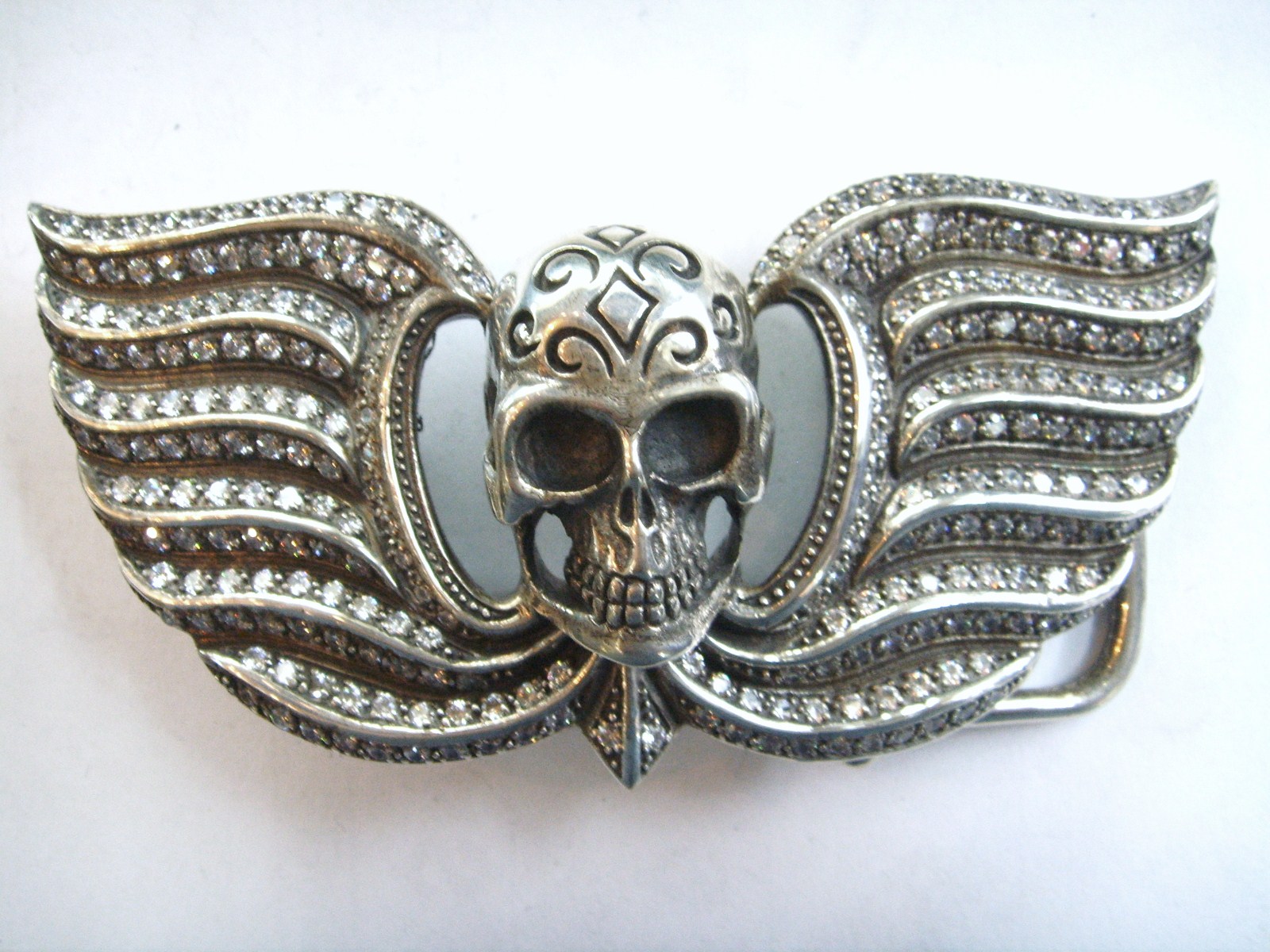 GOTHIC TATTOO SKULL WHITE CZ 925 SILVER BELT BUCKLE | eBay