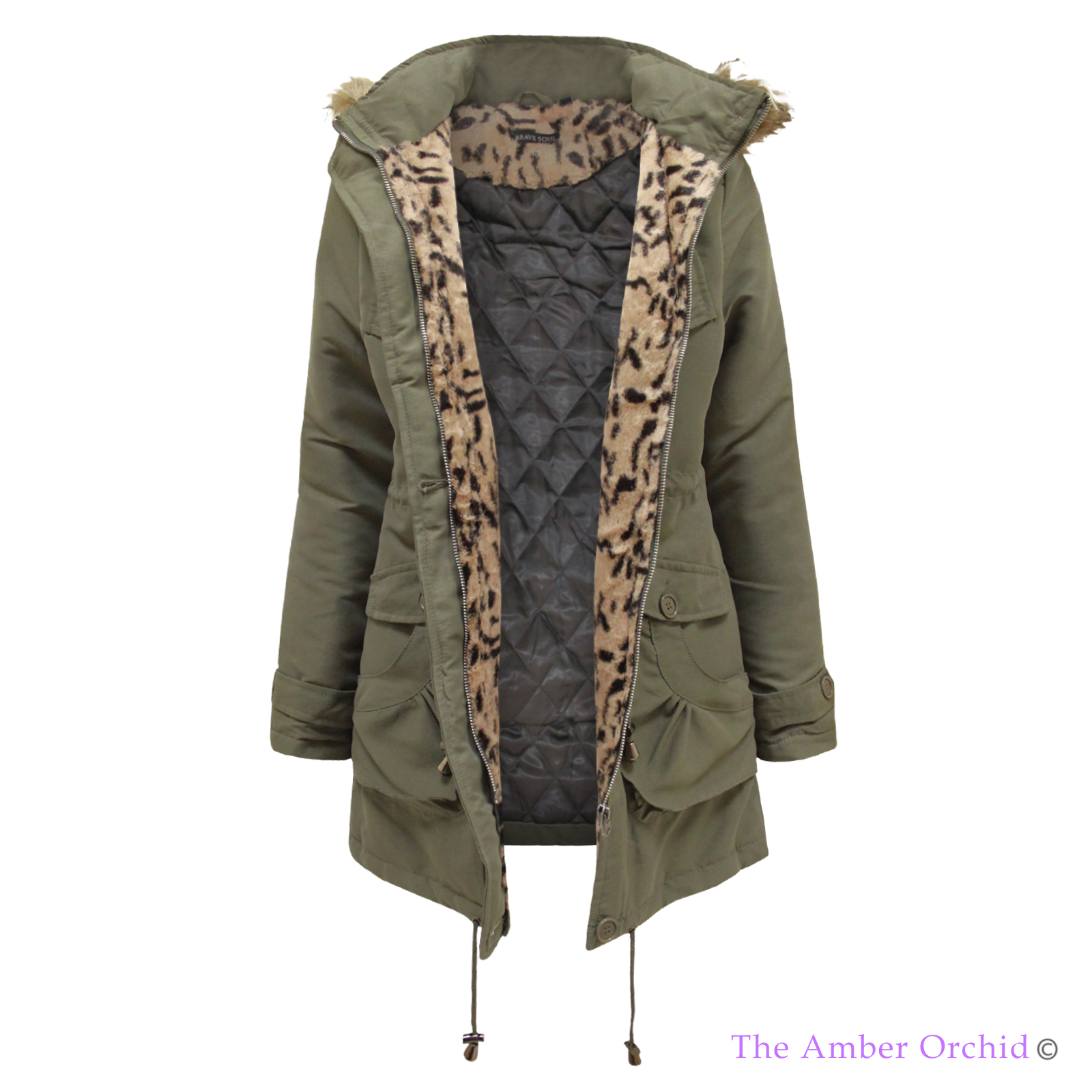 LADIES WOMENS QUILTED LINED LEOPARD ANIMAL FUR HOODED MILITARY PARKA ...