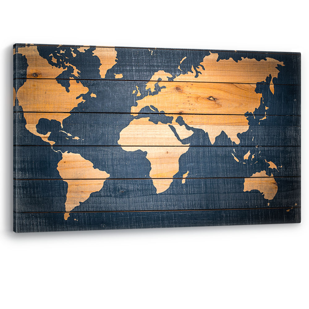 world map wood effect oceans continents large canvas wall art picture